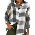 thumbnail image 1 of Grianlook Women Elegant Roll Long Sleeve Shirts Lapel Neck Check Tops Beach Button Down Blouse Gray M, 1 of 2