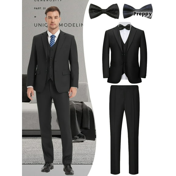 Beauty-Emily Men's 5-Piece Formal Suit Set, Jacket, Vest, Pants, Black Bow Tie, Blue Bow Tie, V-Neck, for Wedding, Business, Prom, Party, Banquet, Formal Events