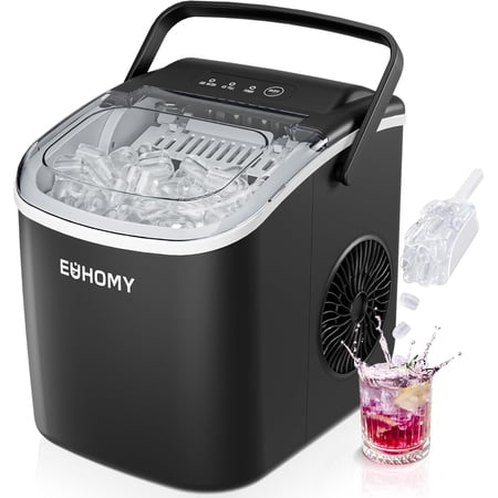 EUHOMY Countertop Ice Maker Machine with Handle, 26lbs in 24Hrs, 9 Ice Cubes Ready in 6 Mins, Auto-Cleaning Portable Ice Maker with Basket and Scoop, for Home/Kitchen/Camping/RV. (Black)