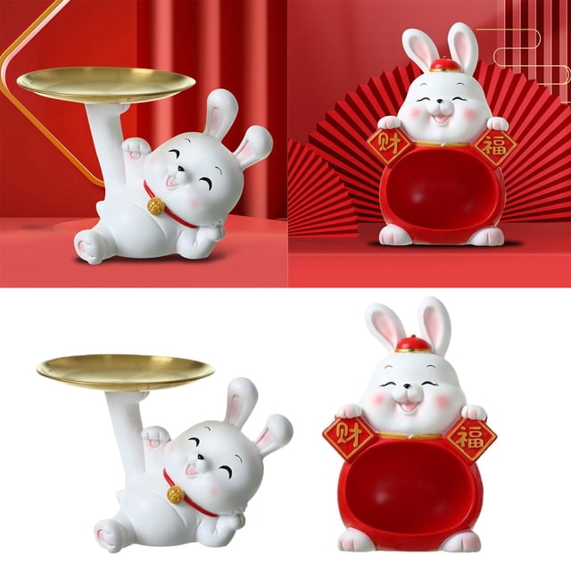2x Rabbit Statue Figurine Lying Down with Tray and Big Belly Macarena Estatuilla de conejo