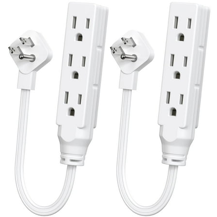 1 FT Short Power Extension Cord, 3 Outlet, SJT 16 AWG Flexible Power Cord, White - 2 Pack