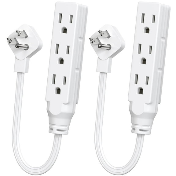 1 FT Short Power Extension Cord, 3 Outlet, SJT 16 AWG Flexible Power Cord, White - 2 Pack