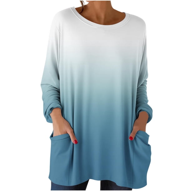 Mujeres de Manga Larga Tops Casual Gradiente Impresión Cuello Redondo Suelto Ajuste con Bolsillo Cómodo