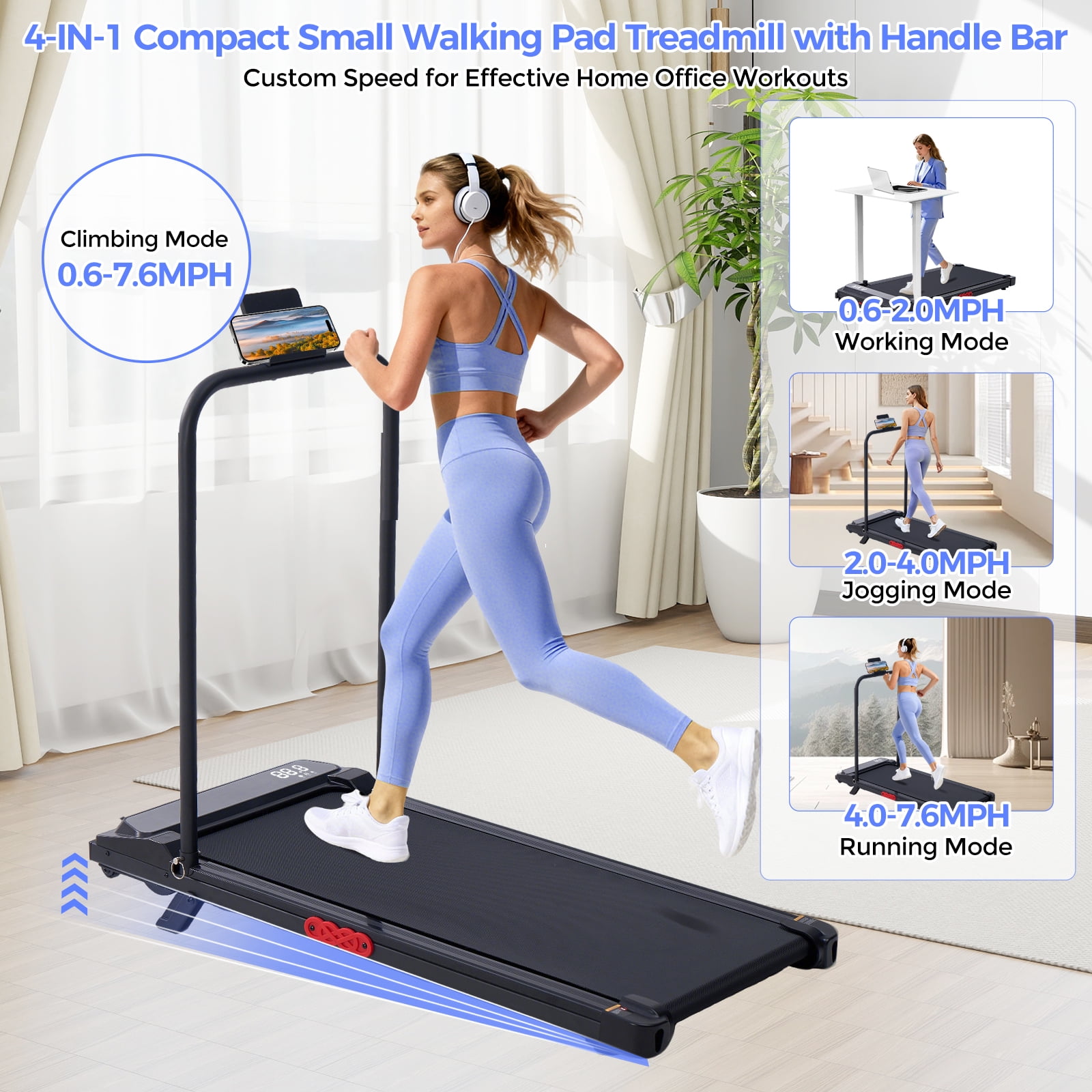 HevGlrm Walking Pad Treadmills with Incline and Handles, Portable Under Desk Treadmills for Home Office, Compact Electric Treadmill with Handle Bar,3.0HP, 350lbs