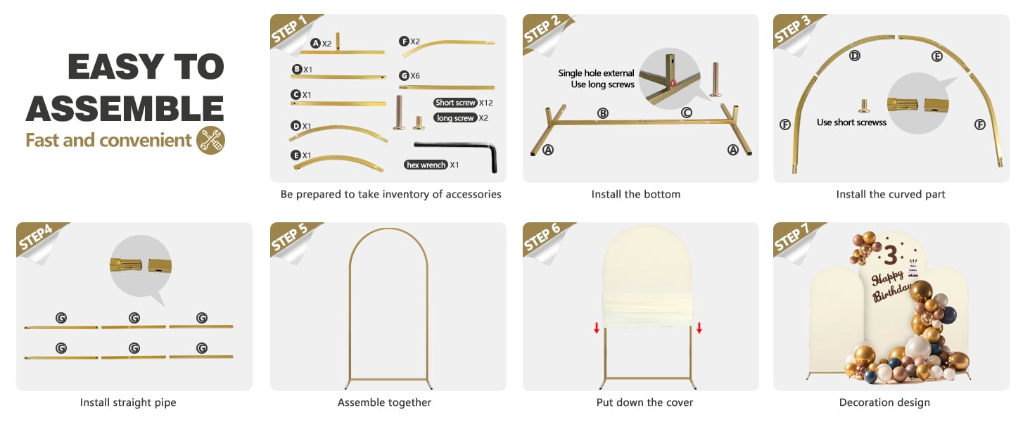 Sunifier Arch Backdrop Stand and Cover Set, 2 Metal Balloon Arch Backdrop 7.2ft 6ft, Gold Arched Stand Frame for Wedding, Parties,Birthday,Decorations (Beige,7.2ft+6ft)