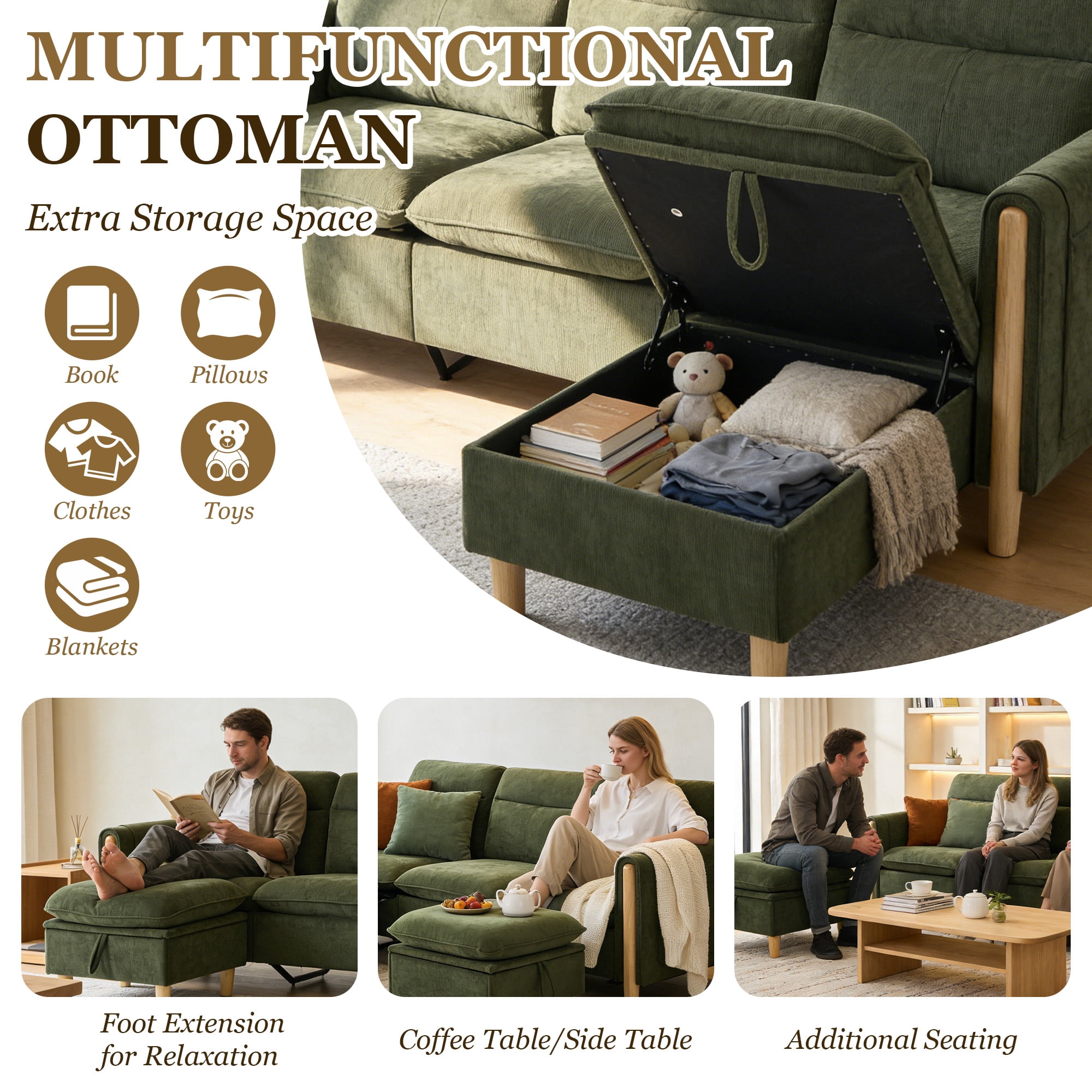 MOONMISS 3-Seater Chenille Sectional Sofa with 2 Storage Ottoman & Side Pocket Convertible Chaise Lounge for Living Room,Olive