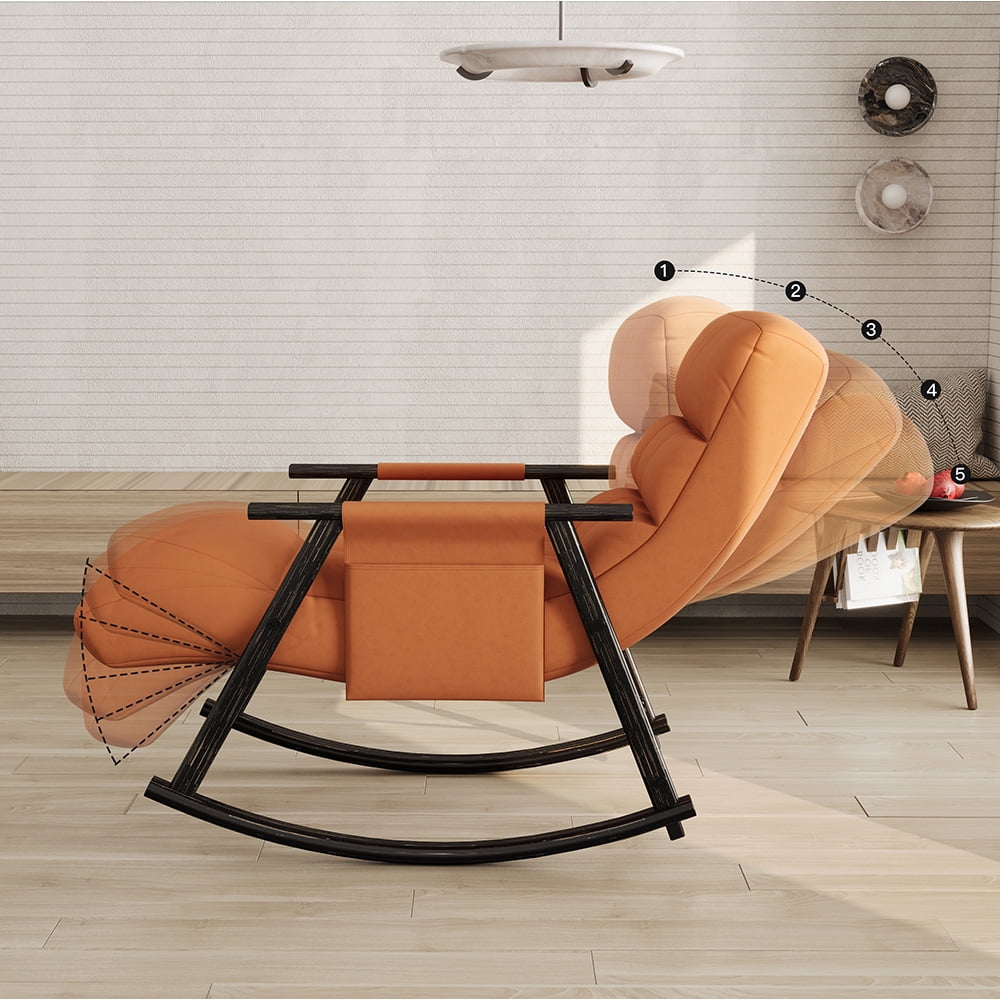Accent Folding Rocking Recliner Chair with Side Pocket, Upholstered Nursery Glider Chair with 5 Adjustable High Back for Living Room Bedroom Balcony, Orange