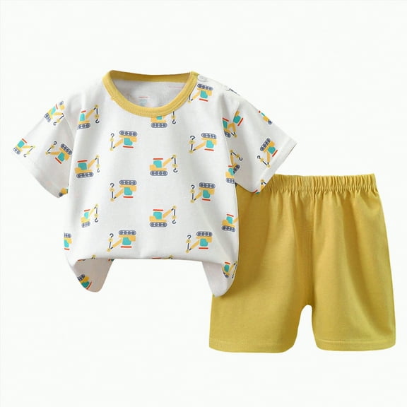 TOWED22 Toddler Baby Boy Clothes Summer Short Sleeve Truck Print T-Shirt Tops and Casual Shorts Set Cute Infant Newborn Clothes(Light Yellow,4-5 Y)
