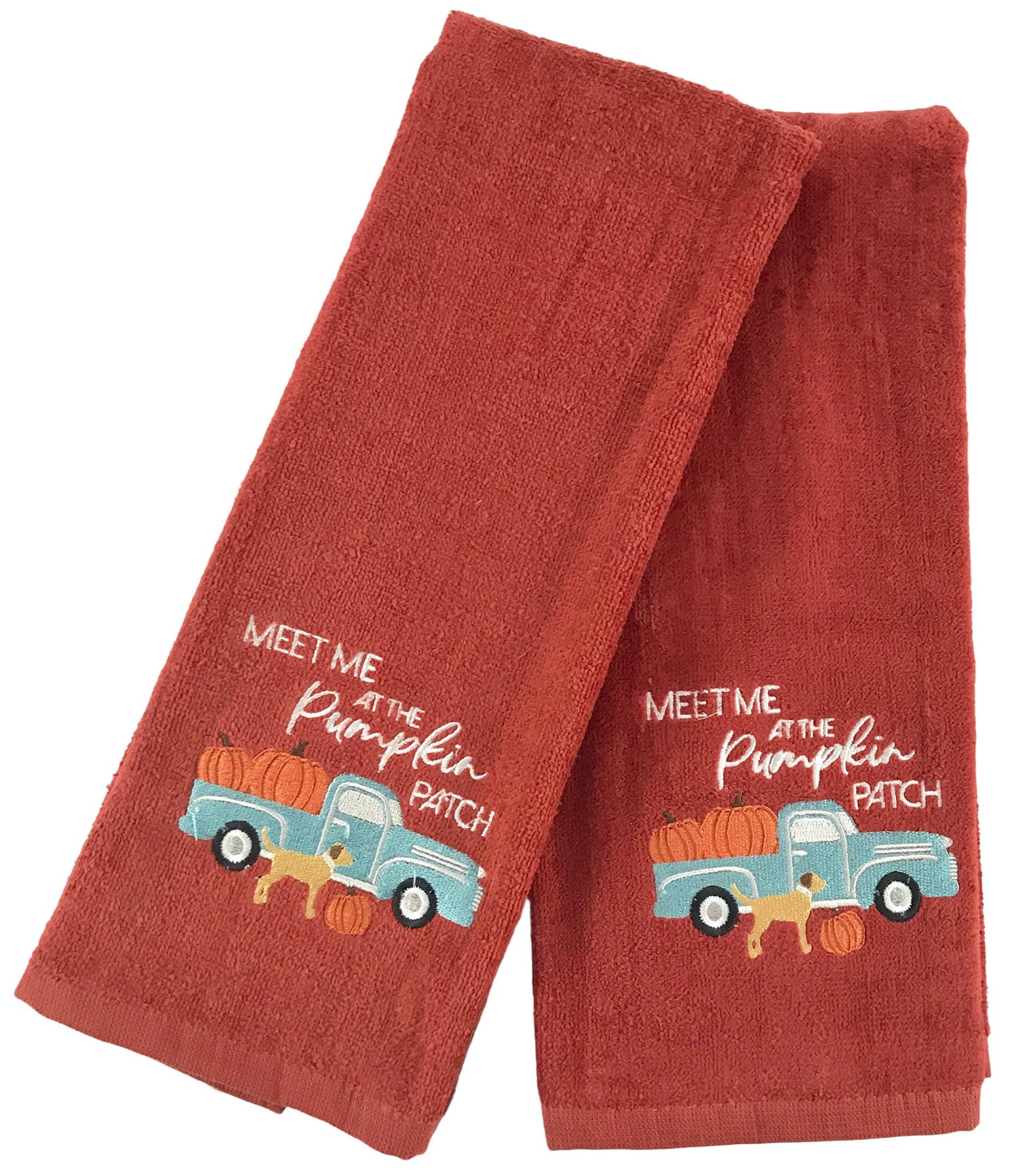 Fall Plush Cotton Hand Towels: Red Rust Towels with Embroidered Dog