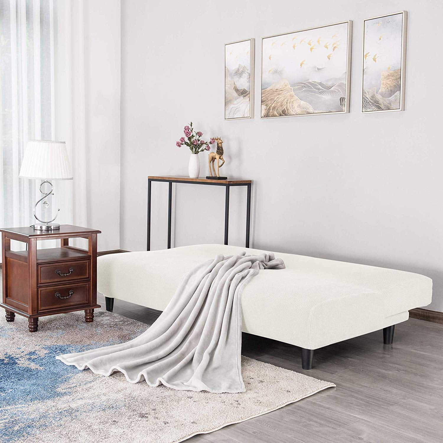 Subrtex Stretch 1-Piece Textured Grid Futon Slipcover, White