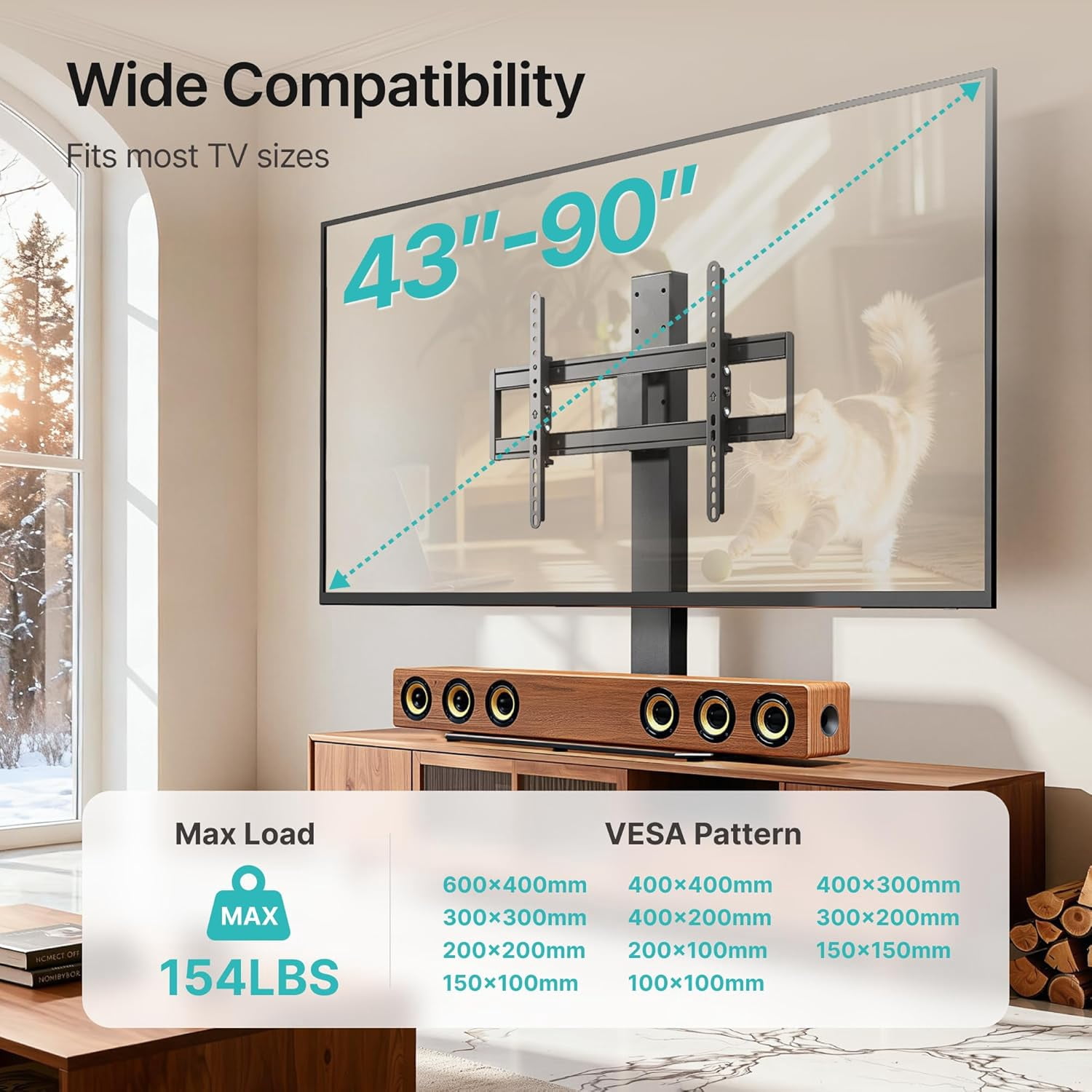 Universal Swivel TV Stand with Mount for 43–90 in TVs, Holds up to 154 lb, Height Adjustable Tabletop TV Stand with Tempered Glass Base, VESA Max 600x400mm