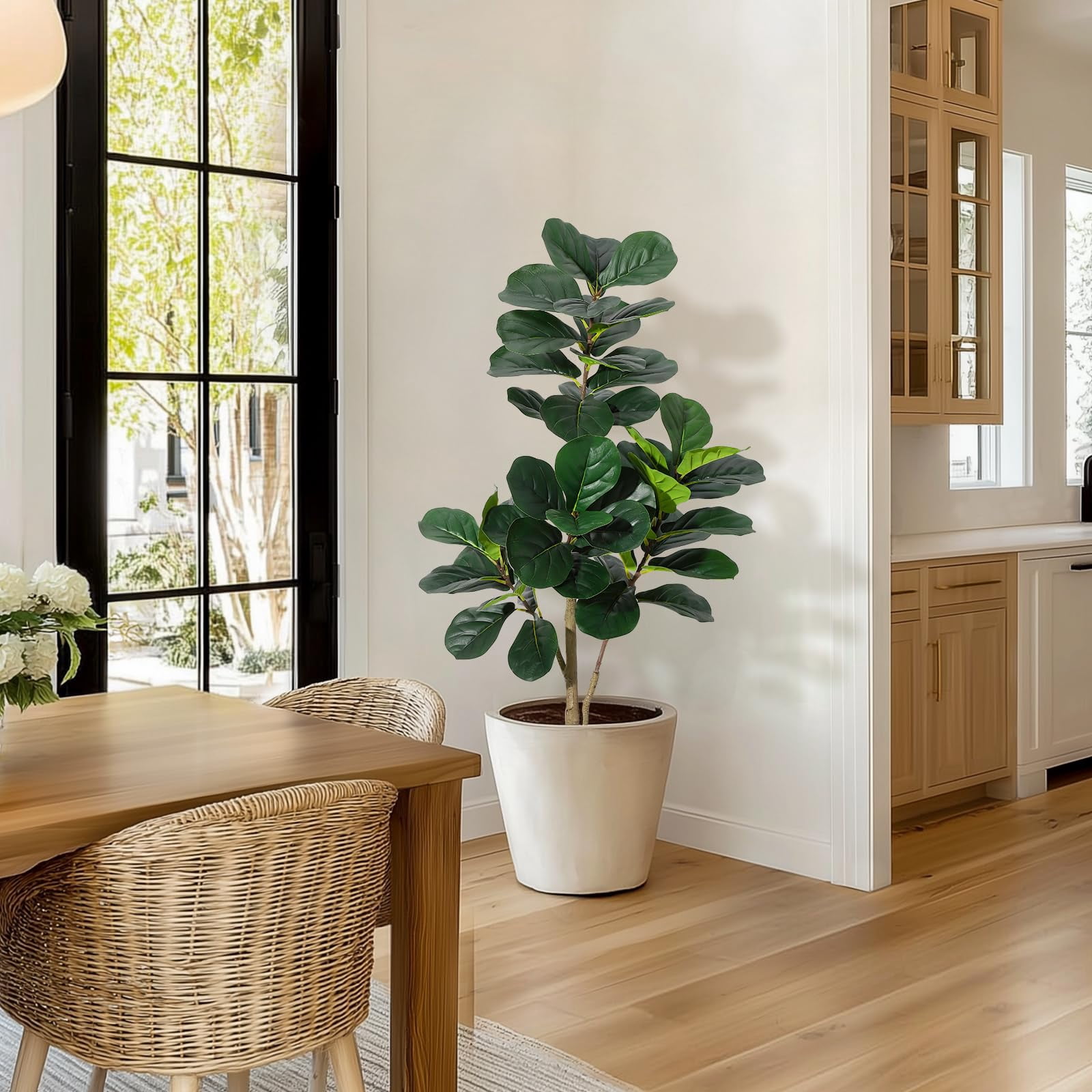 Artificial Fiddle Leaf Fig Tree 4ft – Realistic Faux Ficus Lyrata Floor Plant with gray Planter, Indoor Fake Tree for Home Office Living Room Decor