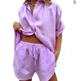 thumbnail image 3 of Qarigey Pantalones cortos de camisa para mujer, 2 uds., con solapa, parte de un solo pecho, pierna ancha conjuntos de ropa Púrpura S, 3 of 5