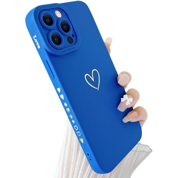 Compatible with iPhone 13 Pro Max Case Cute, Luxury Heart Phone Case Side Pattern Soft TPU Shockproof Full Camera Lens Protective Case for iPhone 13 Pro Max 6.7" for Women Girl - Klein Blue