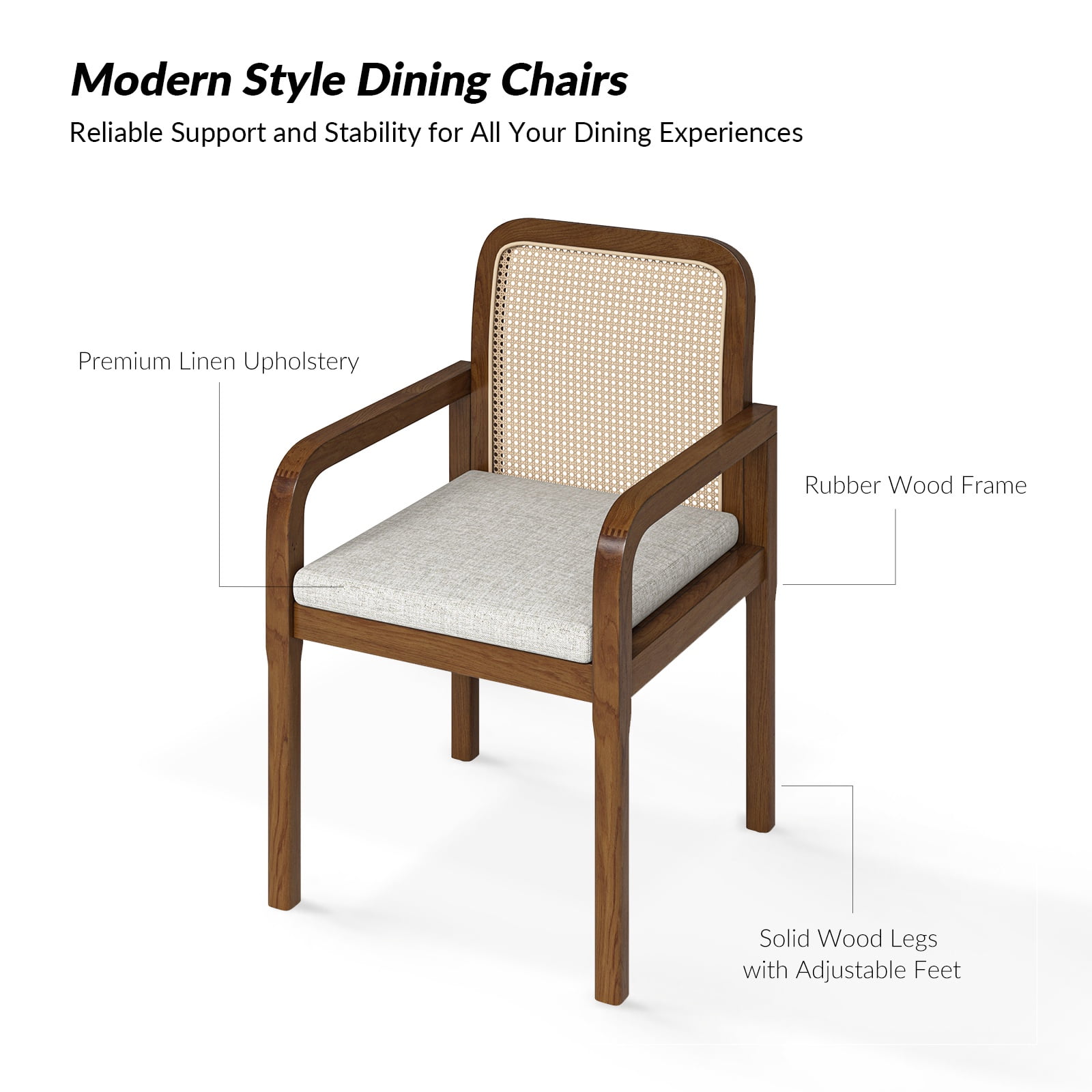 Tina's Home Rattan Dining Chairs Set of 2 Wooden Armchairs Removable Cushion Home Kitchen Restaurant Acorn