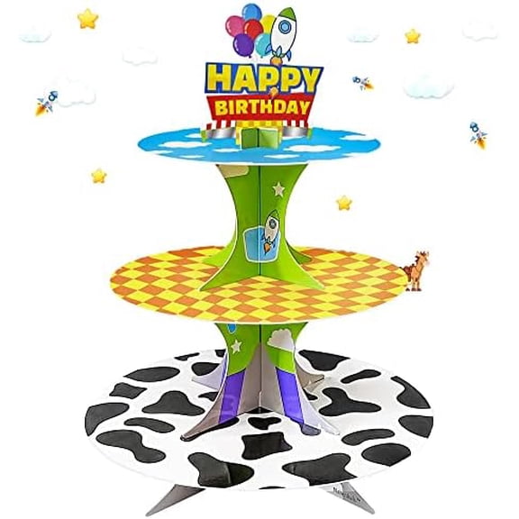 3-Tier Cartoon Story Cupcake Stand Cardboard Cake Stand Dessert Tower Holder for Toy Theme Birthday Decoration Baby Shower Party Supplies