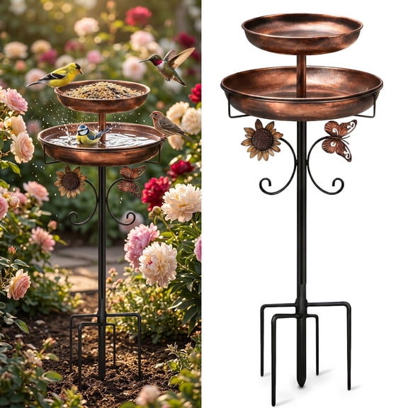 Paddsun Bird Bath, 45" Metal Bird Feeder Combo 2-Tier Birdbath with 5-Prong Heavy Duty Stake Base for Outdoor Garden