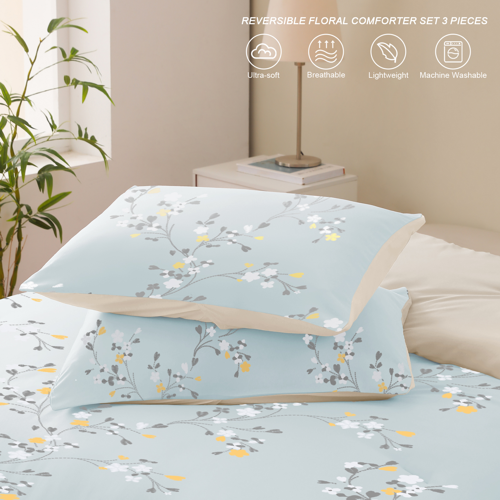 Exclusivo Mezcla King Floral Comforter Set, Light Blue, 3-Piece photo 4