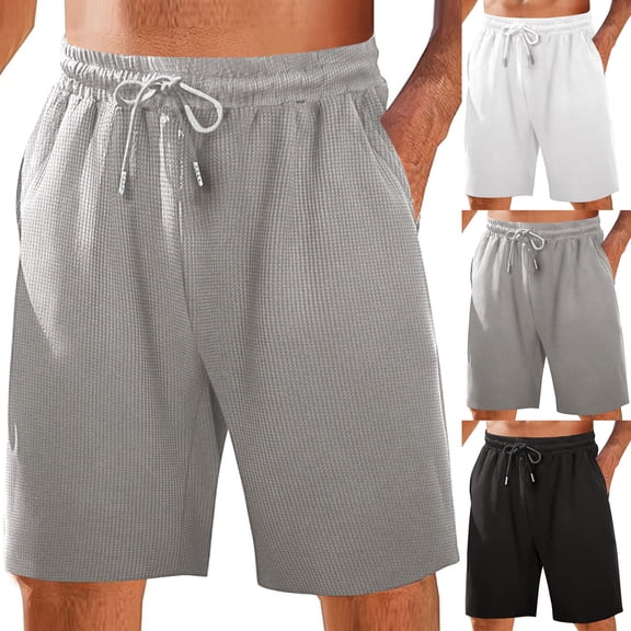 JSKUMAR Mens Waffle Shorts Casual Elastic Waist Drawstring Lightweight Knit Loose Summer Beach Shorts with Pockets Gray,L