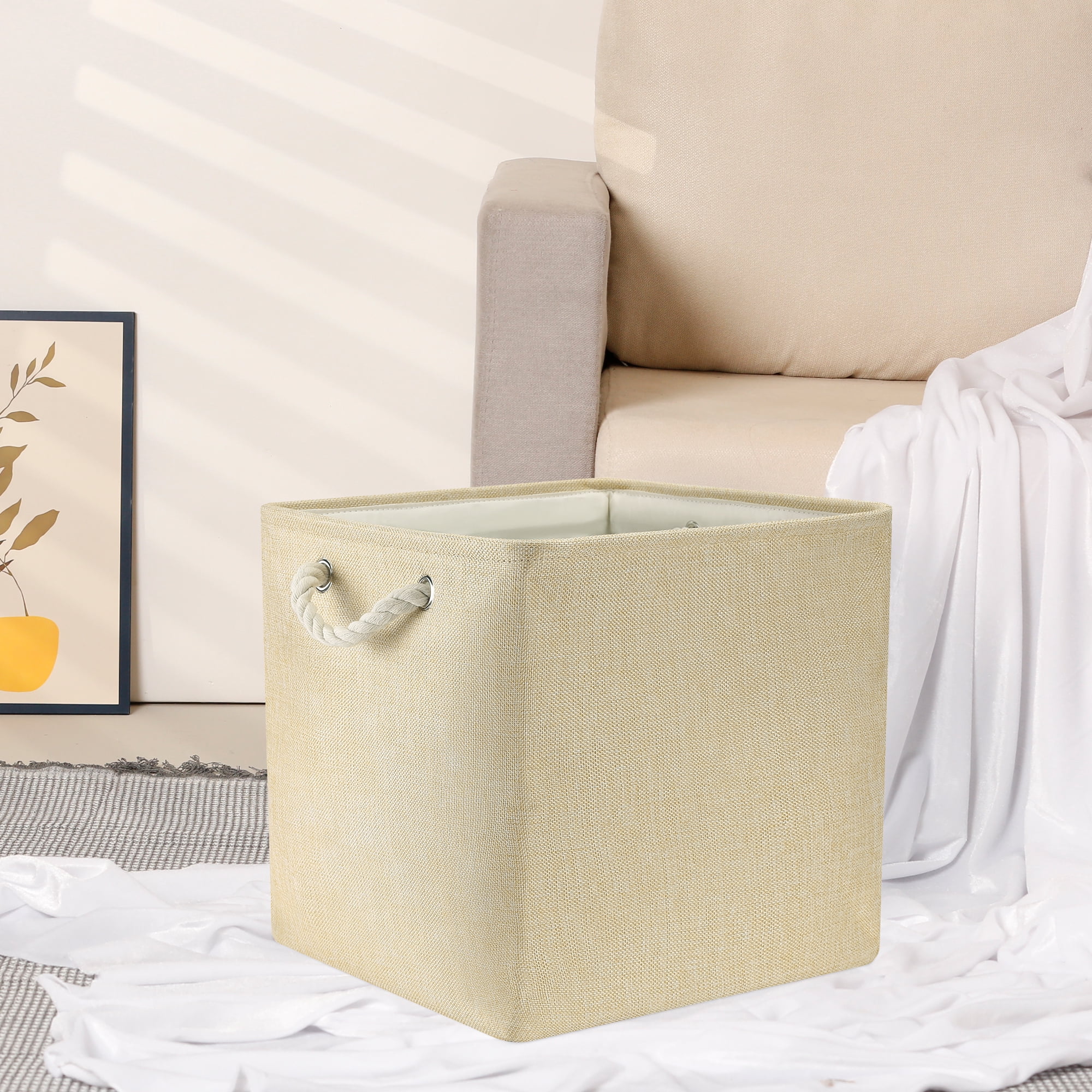 Unique Bargains 13 Inch Square Fabric Collapsible Storage Basket Bin with Handle Khaki