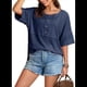 thumbnail image 2 of Blusas de Punto Gofre para Mujer, Moda 2025, Blusas de Patchwork Extragrandes con Cuello Redondo y Mangas 3/4, Azul M, 2 of 6