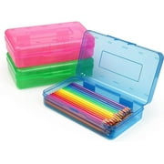 Tamaki 3 Pack Plastic Pencil Box Large Capacity Pencil Boxes Clear Boxes with Snap-tight Lid Stackable Design and Stylish Office Supplies Storage Organizer Box, Blue, Green, Pink