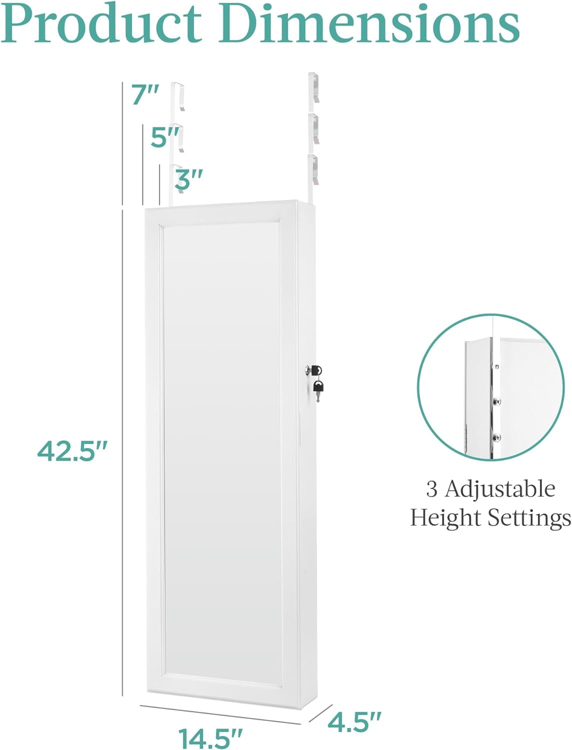 JIANYI LED Mirror Jewelry Cabinet, Tall Lockable Wall or Door Mounted Jewelry Armoire Organizer with Mirror, 2 Drawers, Lock, Cosmetic Tray, Shelves - White