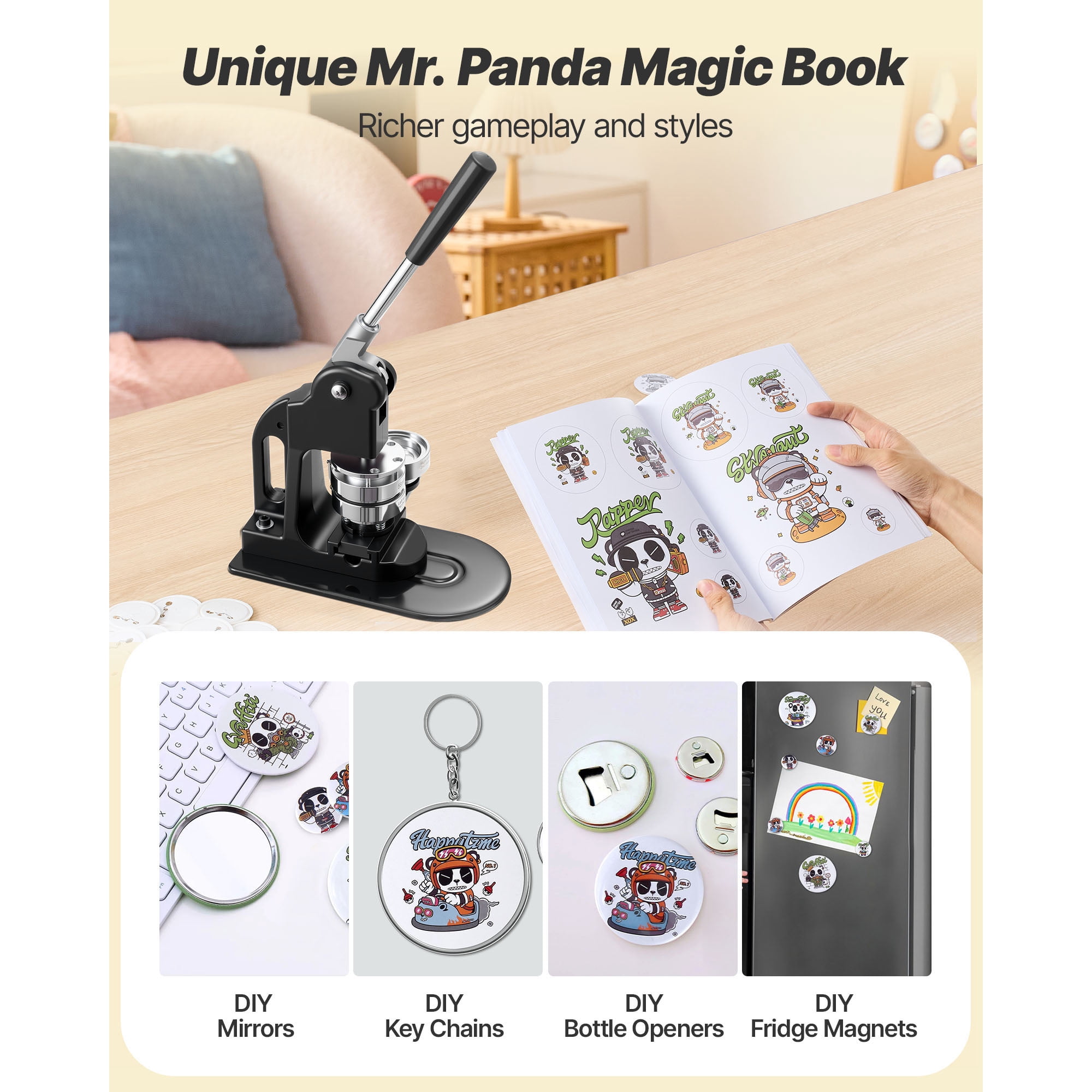 KFFKFF Button Maker Machine, 2.25 in, Badge Maker with 500pcs Button Supplies, Circle Cutter, Hex Tools, and Instruction Manual, Comfortable Grip, Ideal for Custom Badges, Pins, and Keychains, Black