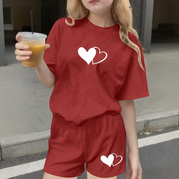Amidoa Short Sleeves Girls Summer Outfits Cotton Solid Color T-Shirts and Elastic Waist Casual Kids Summer Short Clothing Set Red Size 13