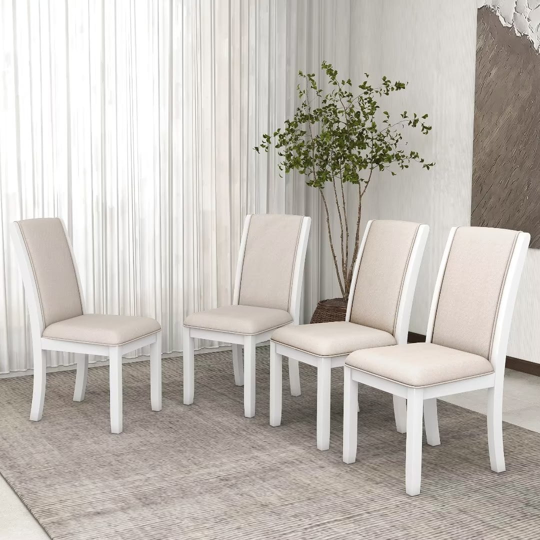 Farmhouse 4-Piece Kitchen Dining Chairs Set, Full Back, Wood, Upholstered Cushions, White+Beige ...