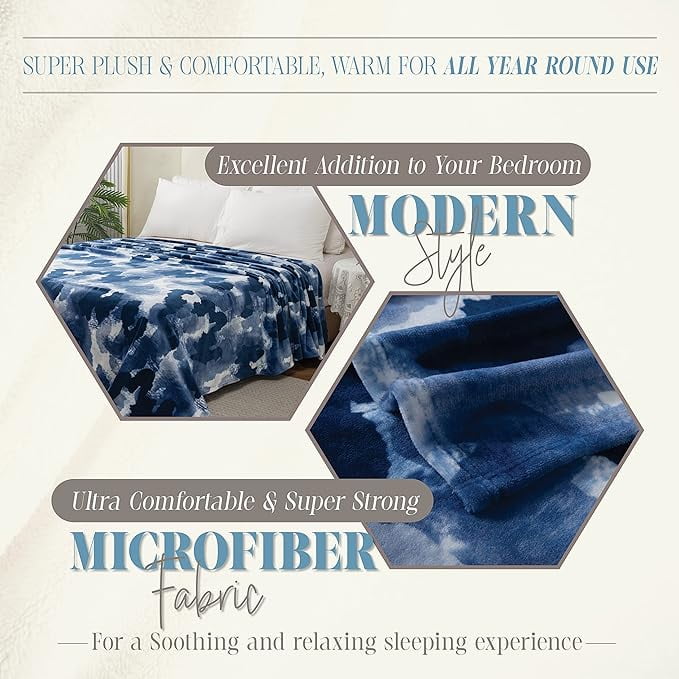 Elegant Comfort Luxury Velvety Feel Blanket, All-Season Lightweight Blanket, Ultra Plush, Soft, Flannel Fleece for Couch, Sofa, Bed, Travel, Camouflage Design, Full/Queen, Blue