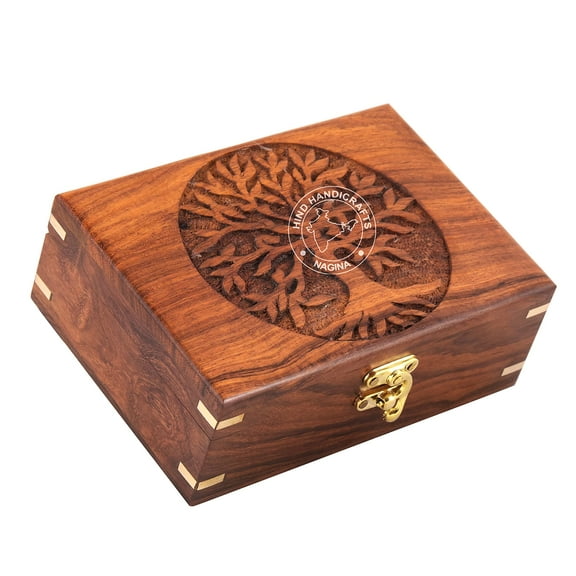 Rosewood Handmade Wooden Urn Tree of Life Engraving Handcarved Jewellery Box for Women-Men Jewel | Home Decor Accents | Decorative Boxes | Storage & Organiser (7" x 5.5" x 3.5", Tree - 2 Plane)