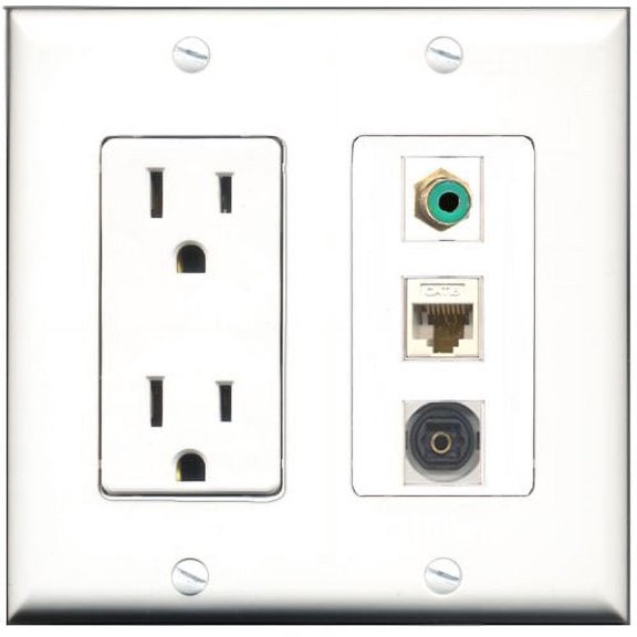 RiteAV - 15 Amp Power Outlet 1 Port RCA Green 1 Port Toslink 1 Port Cat6 Ethernet Ethernet White Decorative Wall Plate