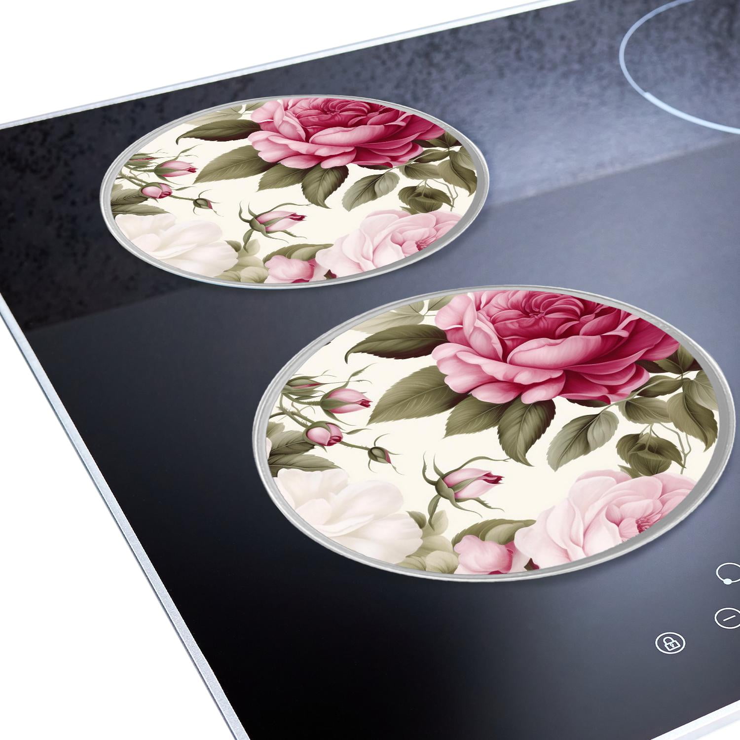 Round Stove Burner Covers 4 Pcs Metal Electric Stove Burner Covers 8Inch And 10Inch ,Pink Rose Flowers Floral colorful