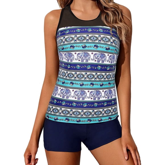 Yonique Tankini Maillots de Bain pour Femmes avec Shorts Maillots de Bain Athlétiques Deux Pièces Débardeurs Bleu Mandala m