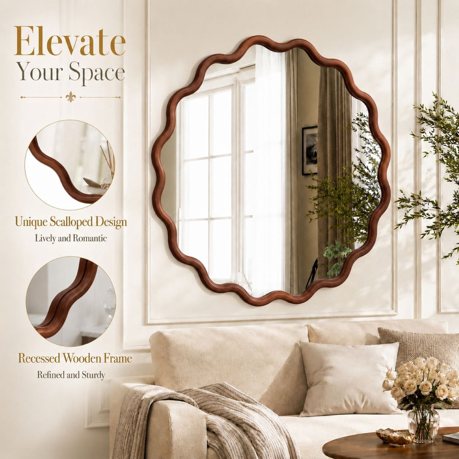 Easy4Home 30" x 30" Wavy Round Bathroom Mirror Wall Decor with Wooden Frame, Walnut