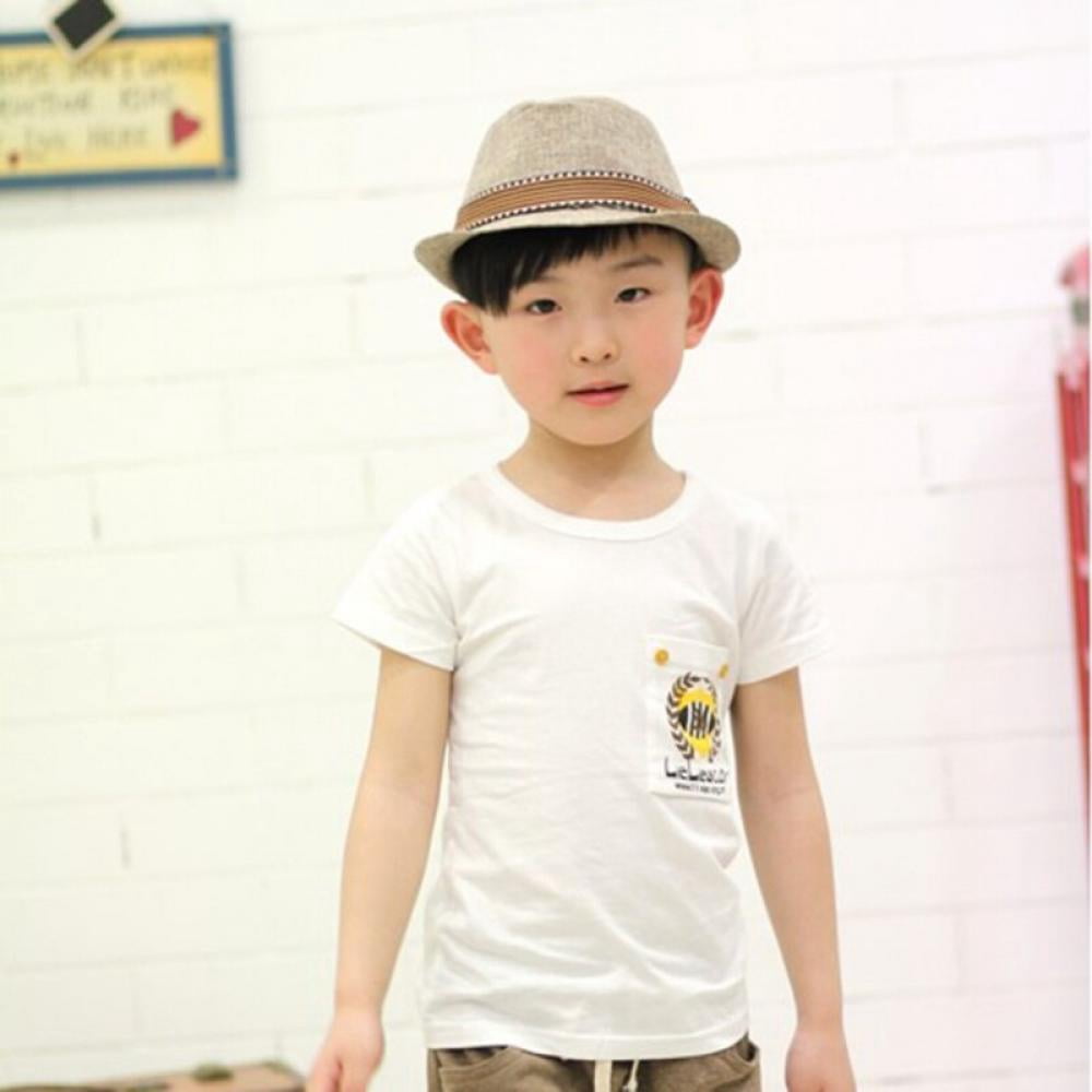 Clearance Kid Boys Fedora Hat Jazz Cap Sun-Hat Short Brim Cotton Photography Trilby Top Sun Hats