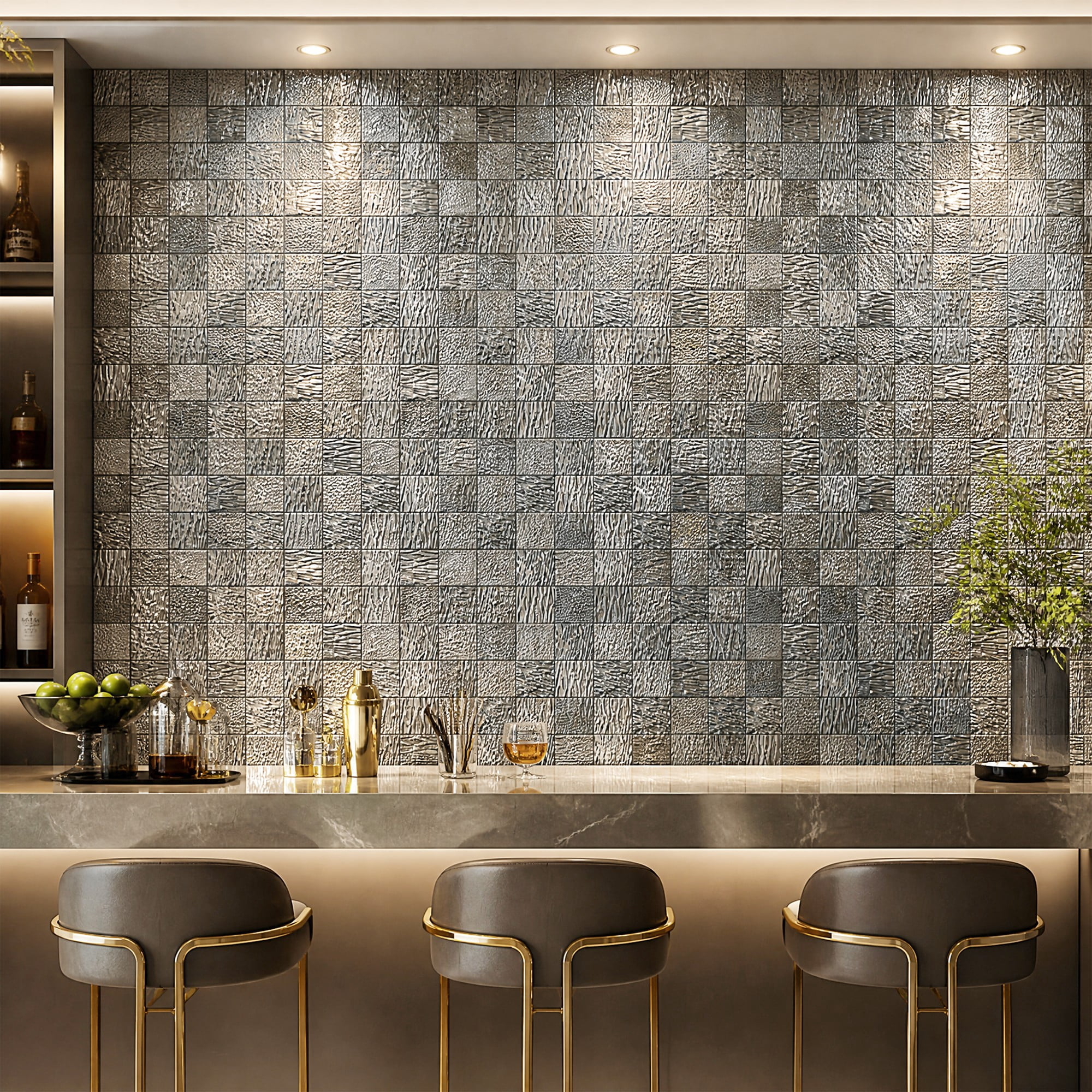 Easy4Home 5Pcs 12"x12" Metal Wall Panels Morden Mosaic Tiles for Interior Wall Decor, Silver