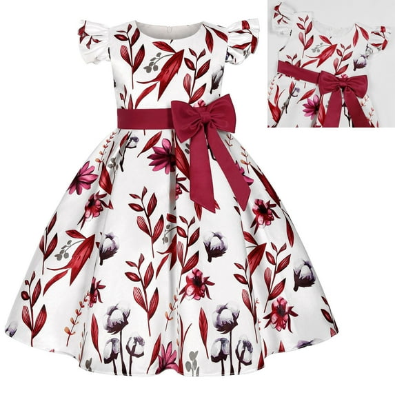 Girls Flower Short Sleeve A-Line Dress Crewneck Birthday Dresses for 3-9Y