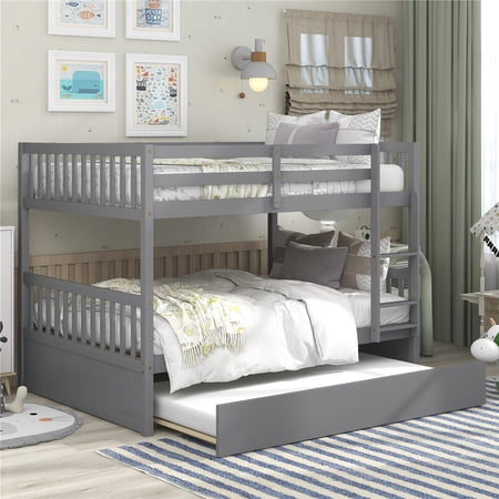 Full Bunk Beds for Kids  SEGMART Gray Full over Full Bunk Bed with Trundle  Solid Wood Full Bunk Bed with Ladder  Full Size Detachable Bunk Bed Frame for Kids  Boys  Girls  Teens  LLL1478
