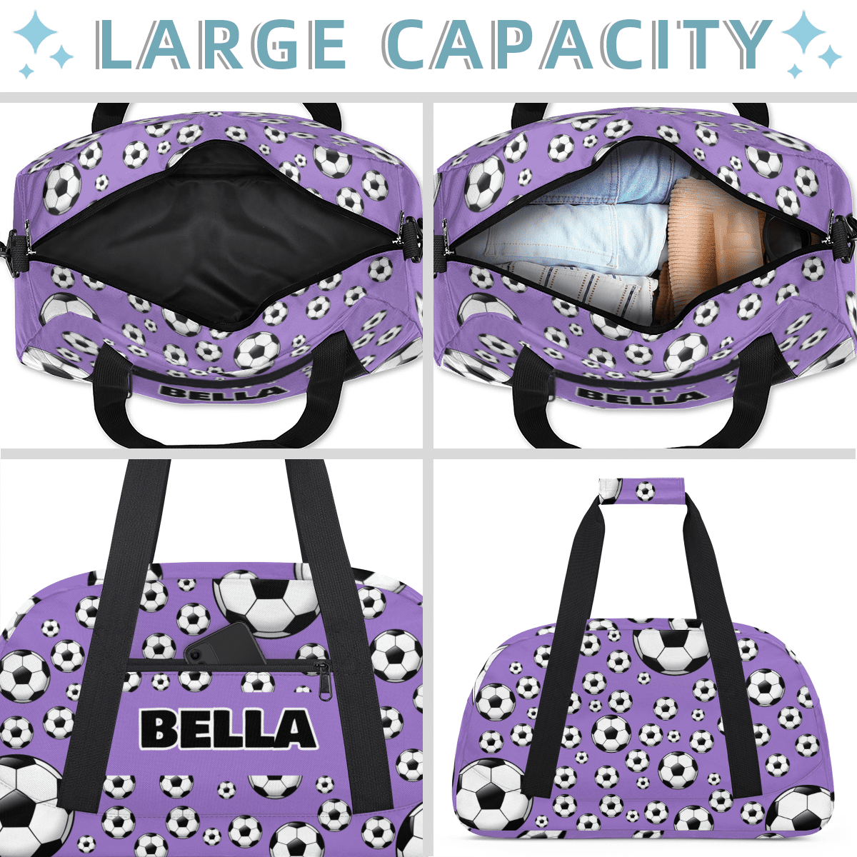 Herdesigns Personalized Soccer Gym Bag Sport Duffel Bag With Name, Custom Sport Bags Weekender Overnight Bags Carry On Weekender Bag Travel Bags, Purple