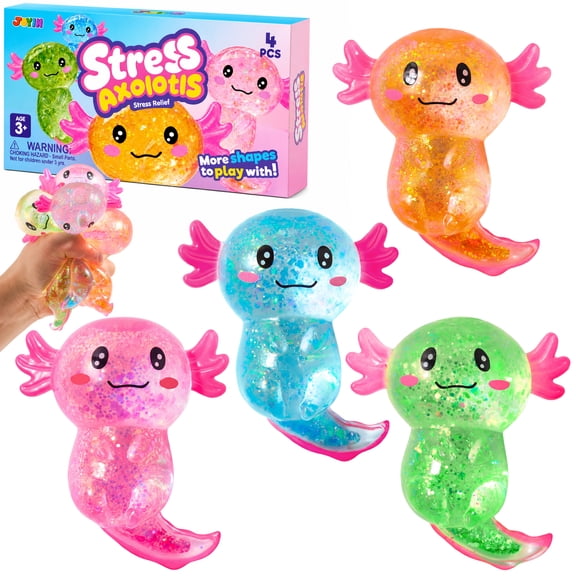 Joyfy 4PCS Axolotl Squishy Toys, Cute Glitter Axolotl Fidget Toys, Soft Squeeze Stress Relief Sensory Toys for Kids and Adults, Party Favors, Classroom Prizes, Birthday Gifts
