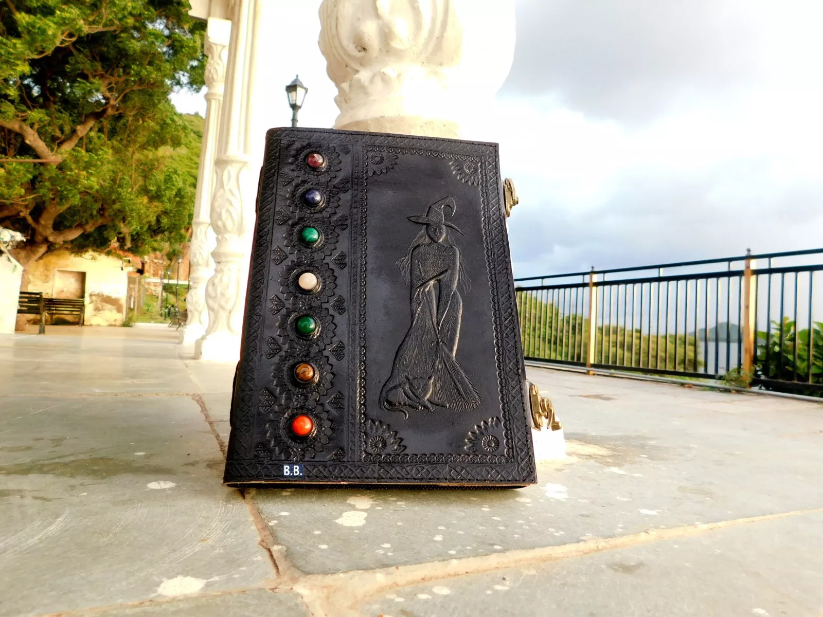 Handcrafted Embossed Witch Design Vintage Leather Bound Journal Seven Stone Grimoire Diary Blank Notebook For Men & Women
