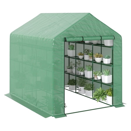 Walk-in Greenhouse 8x6x7, Portable Garden Hothouse with Shelves, UV Protection, Roll-up Door, Green