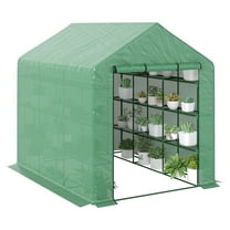 Walk-in Greenhouse 8x6x7, Portable Garden Hothouse with Shelves, UV Protection, Roll-up Door, Green