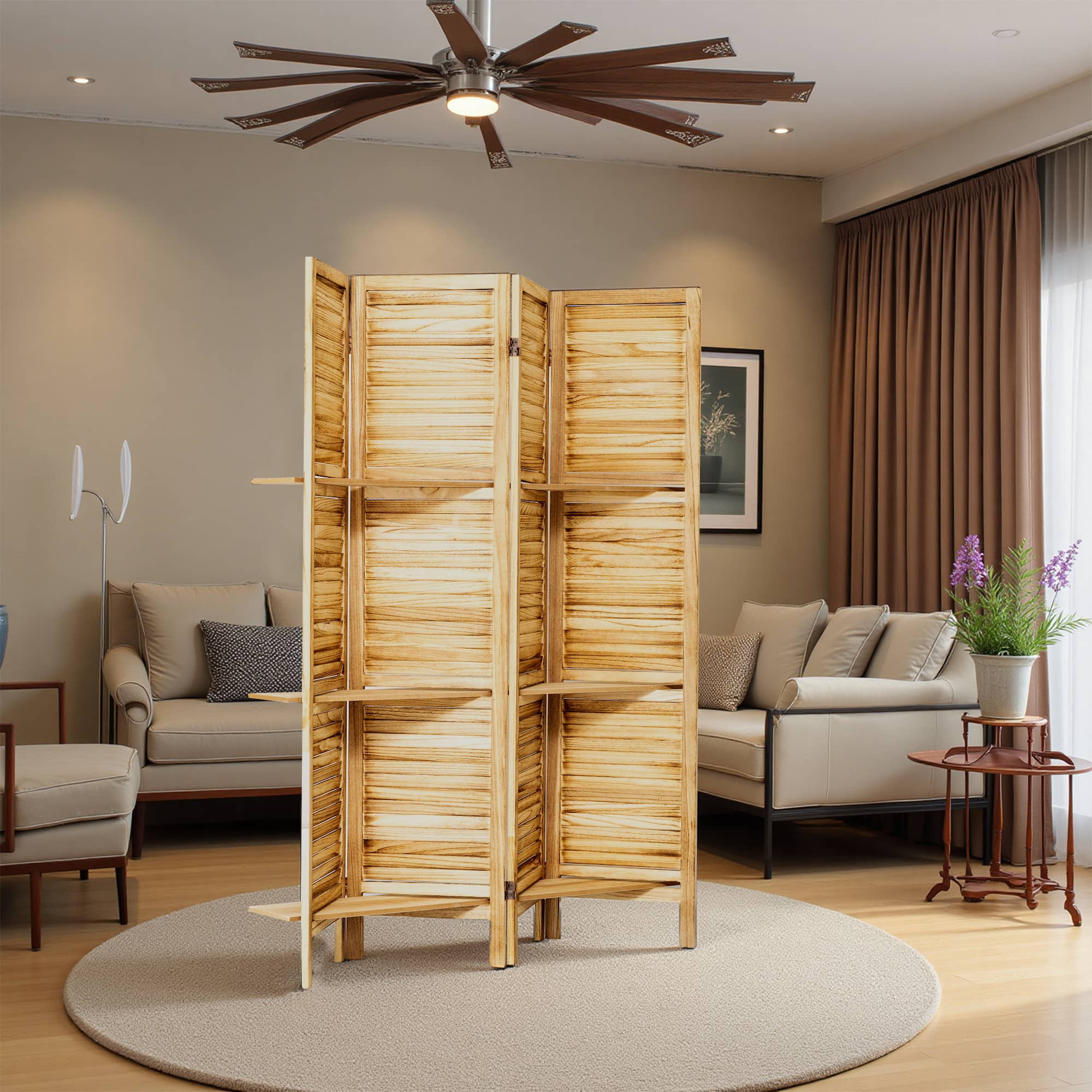 MAYEERTY 4 Panel Freestanding Wood Room Divider with Display Shelves, Natural Color
