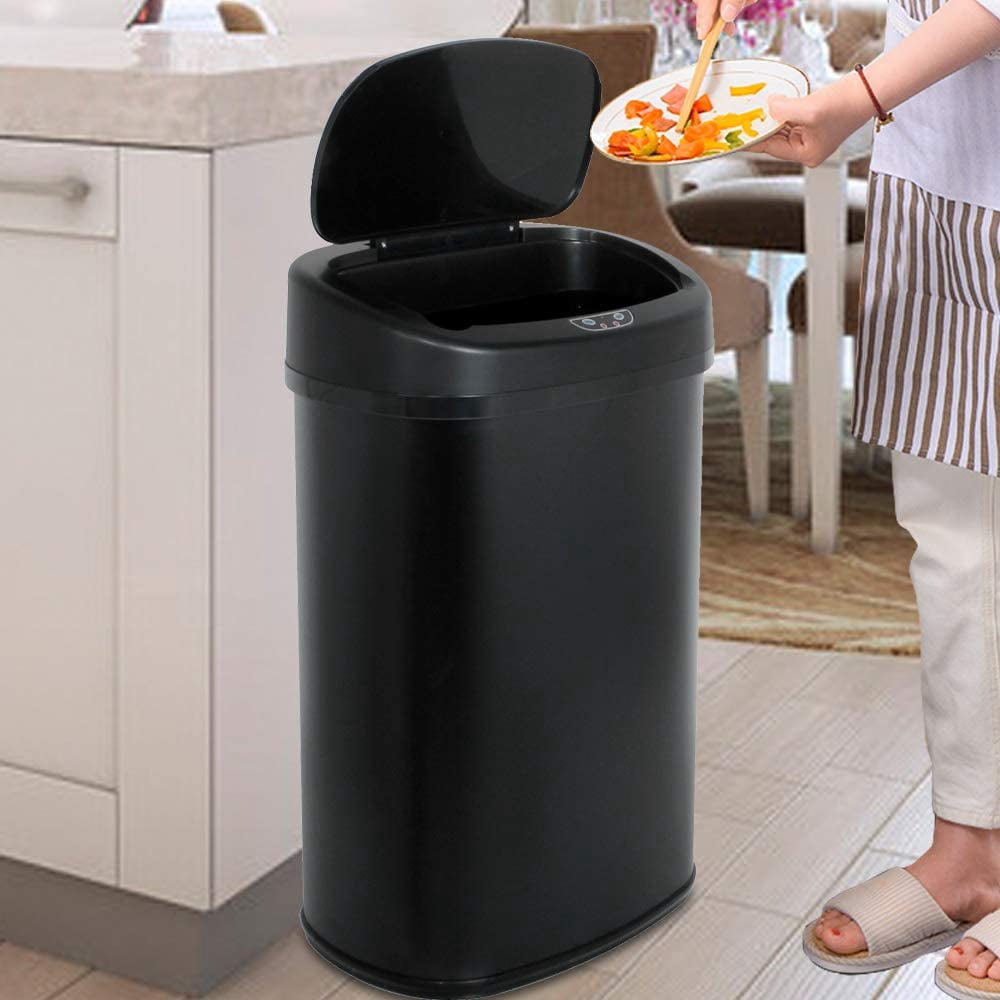 Touch Free 13 Gallon Stainless Steel Automatic Sensor Trash Can No Touch Garbage Can Kitchen Waste Bin High-Capacity Bathroom Trash Can with Lid for Home Bedroom Office,Powered by Battery,Black