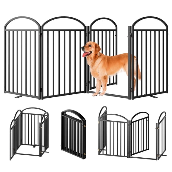 4 Panel Full Metal Freestanding Dog Gate with Door, 96" Extra Wide 32" Tall Foldable Pet Fence for Indoor & Outdoor Home Use