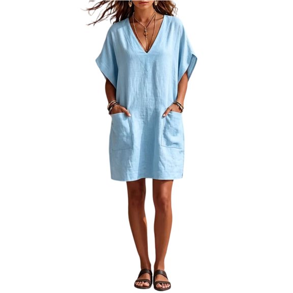 Women's Summer Cotton Linen Dress with Pockets, Casual V Neck Batwing Sleeve Mini Dress, Loose Fit Breathable Tunic Sundress