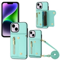 Wallet Case for iPhone 15, Classic Lychee Texture PU Leather Purse Case with Accordion Card Slots, Protective Crossbody Flip Cover with Zipper Shoulder Strap Lanyard for iPhone 15, Cyan